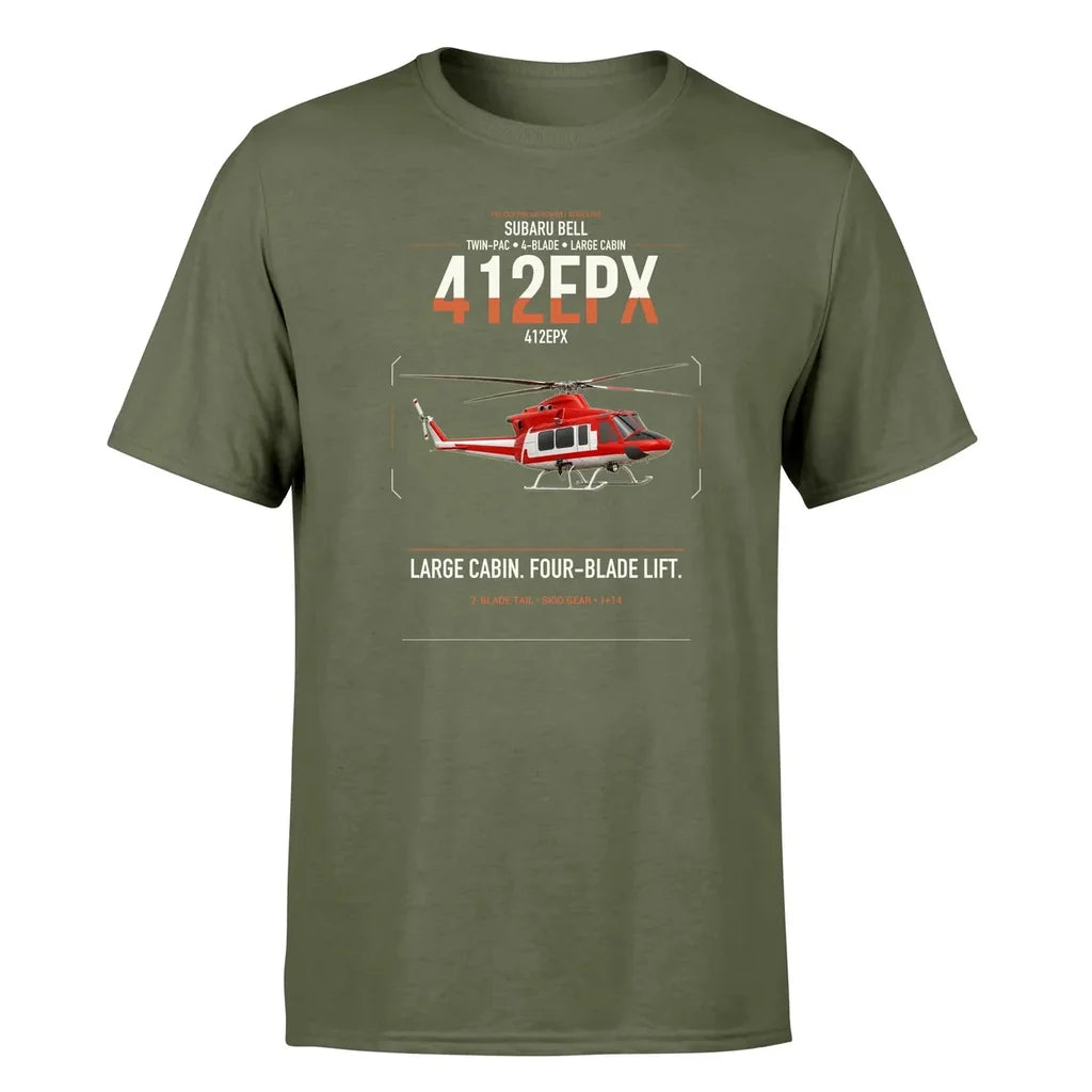 SUBARU Bell 412EPX design on green army t-shirt, single-side print