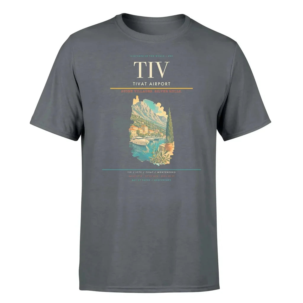 Tivat Airport (TIV) T-Shirt single-side front print in Gray | tivat-airport-tiv-double-side-t-shirt