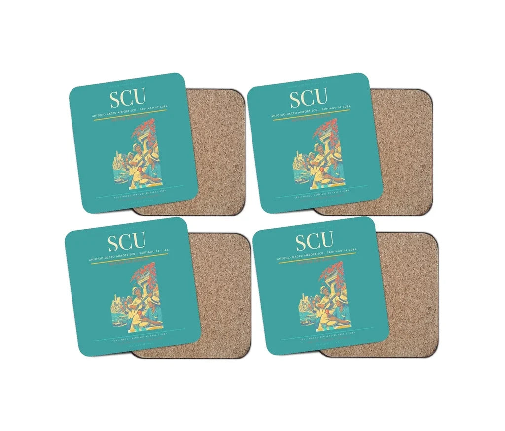 Antonio Maceo Airport (SCU) design on turquoise 4 pieces set coaster