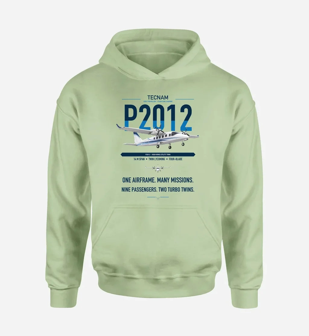 Tecnam P2012 Traveller design on light green double-side hoodie, single-side print