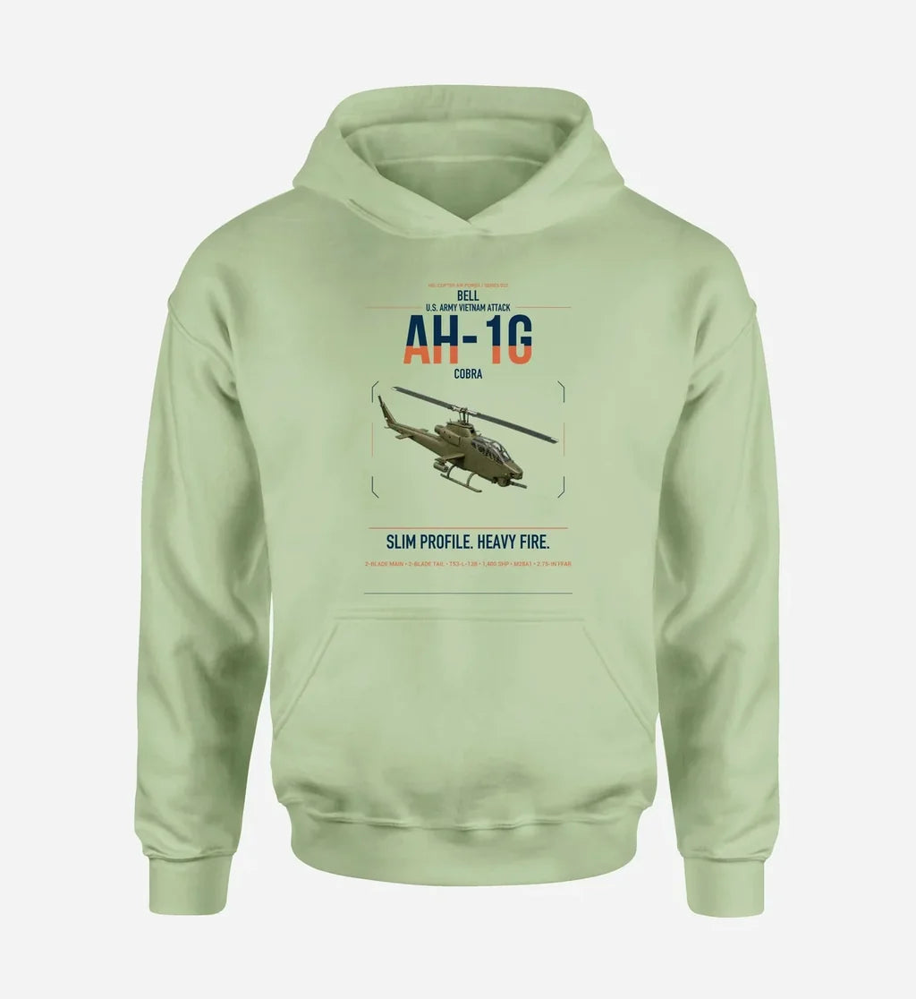 Bell AH-1G Cobra design on light green double-side hoodie, single-side print