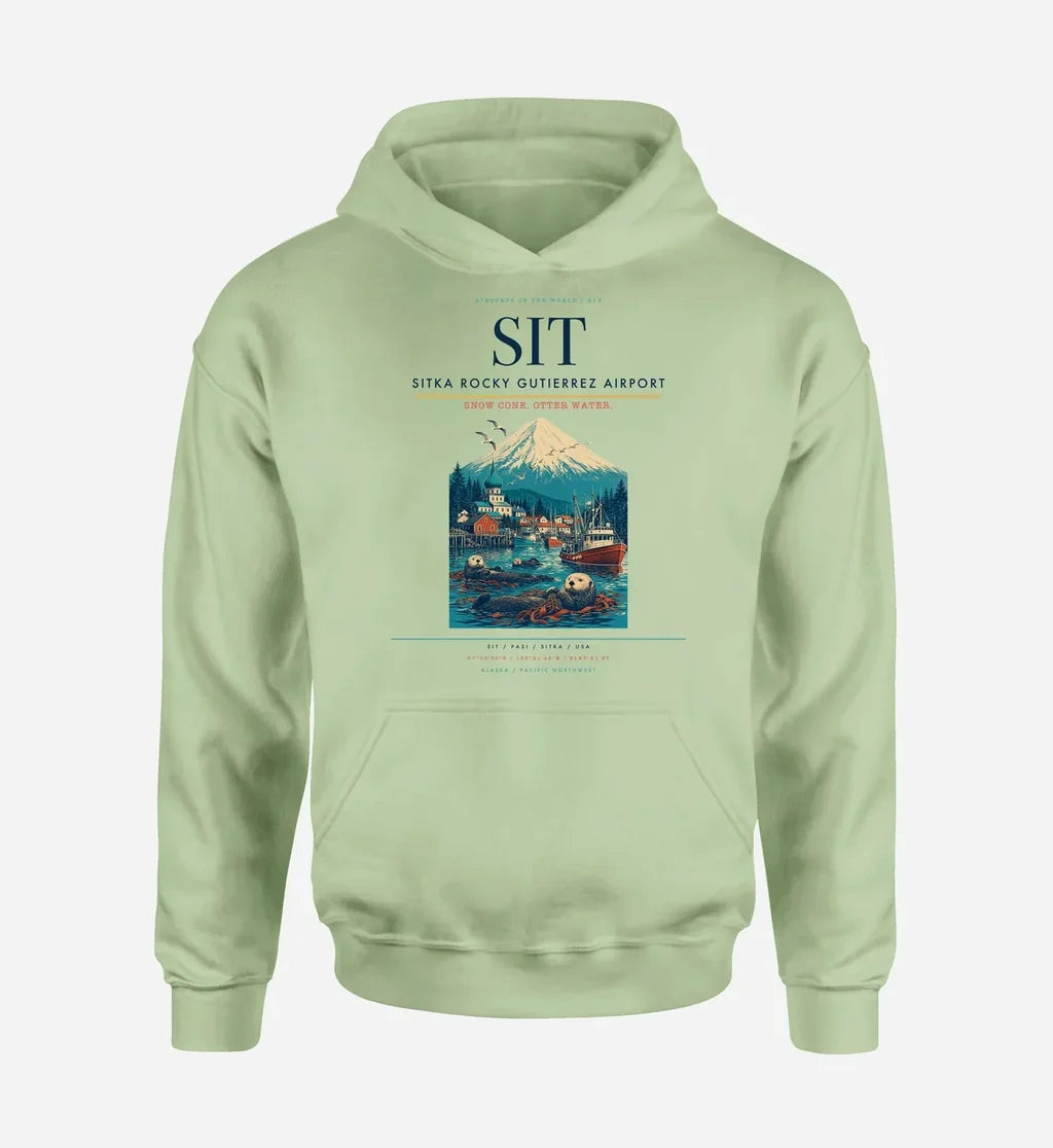 Sitka Rocky Gutierrez Airport (SIT) design on light green hoodie single-side print