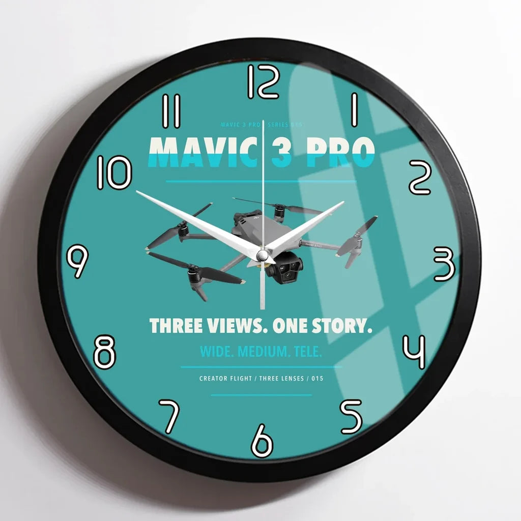 DJI Mavic 3 Pro design on turquoise framed wall clock