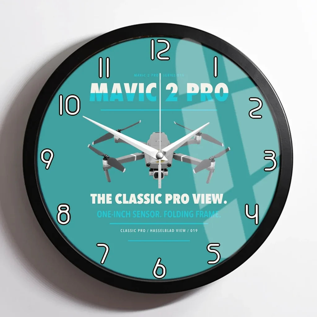 DJI Mavic 2 Pro design on turquoise framed wall clock
