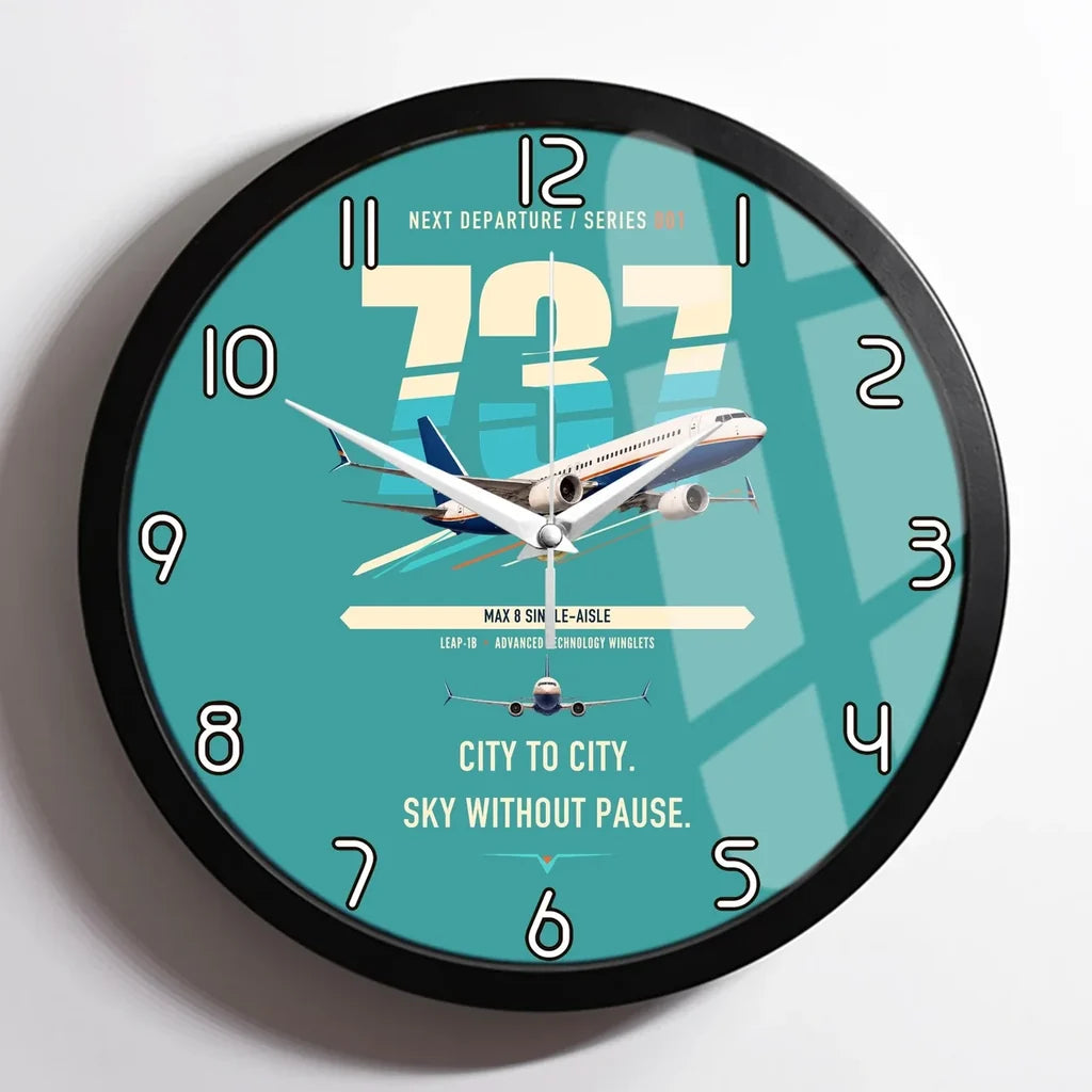 Boeing 737 MAX 8 design on turquoise framed wall clock