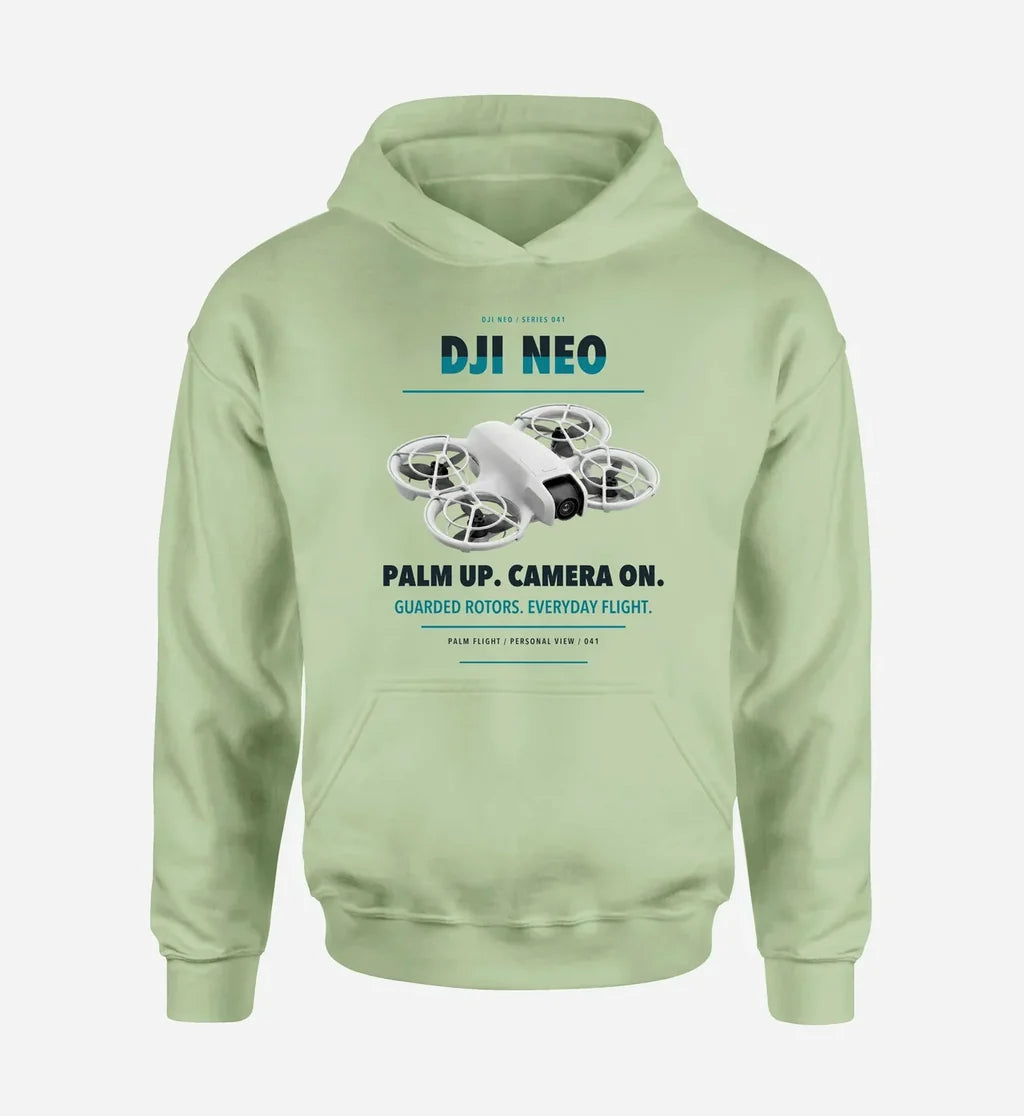 DJI Neo design on light green hoodie single side