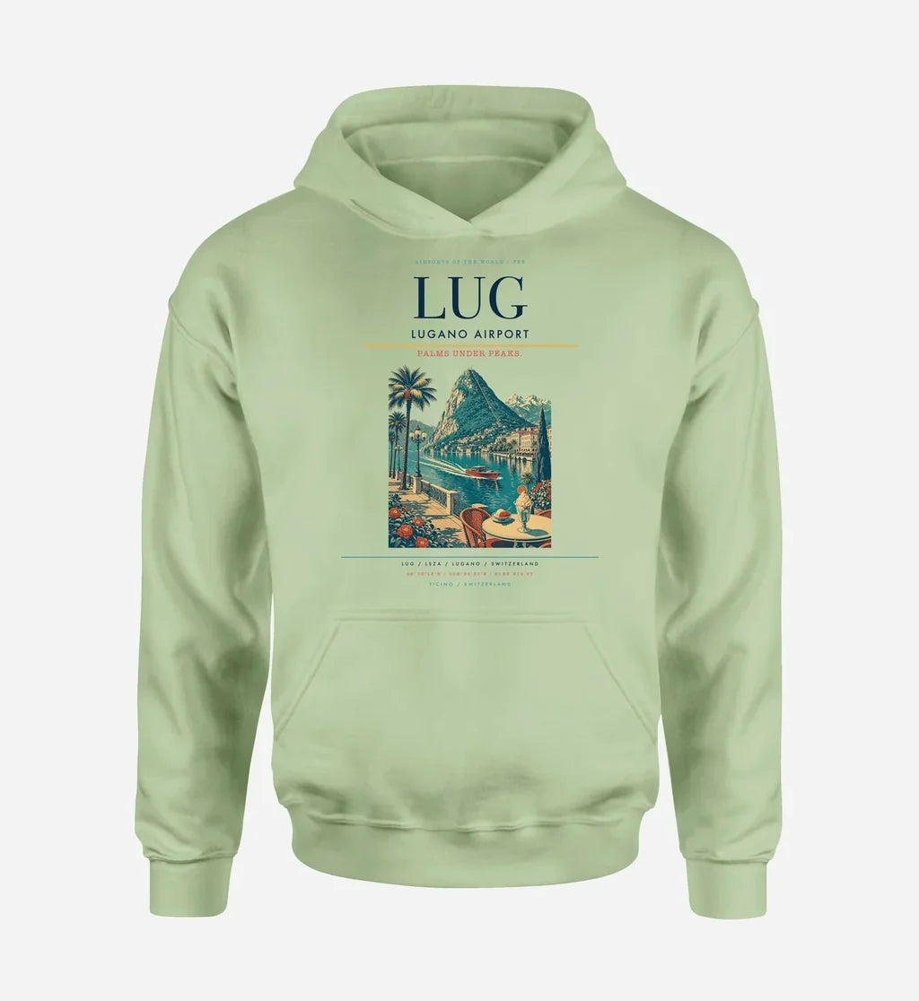 Lugano Airport (LUG) design on light green hoodie single-side print