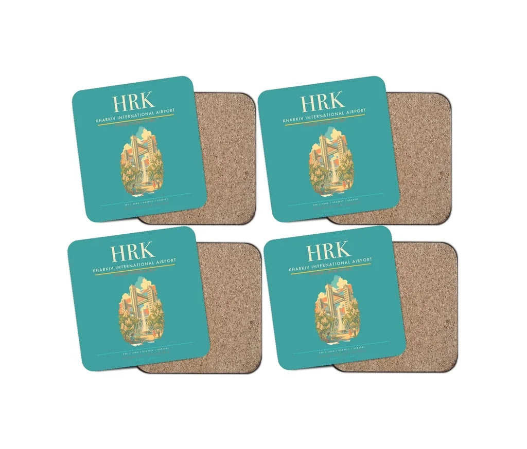 Kharkiv International Airport (HRK) design on turquoise 4 pieces set coaster