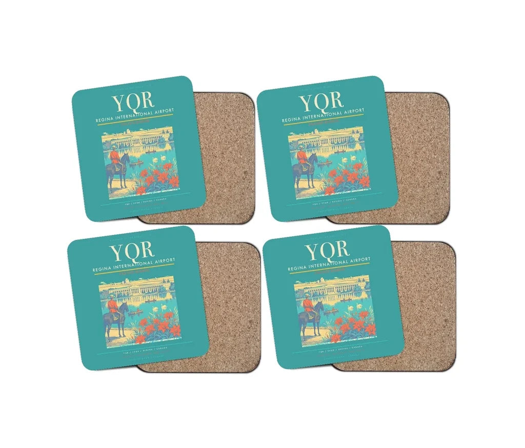 Regina International Airport (YQR) design on turquoise 4 pieces set coaster