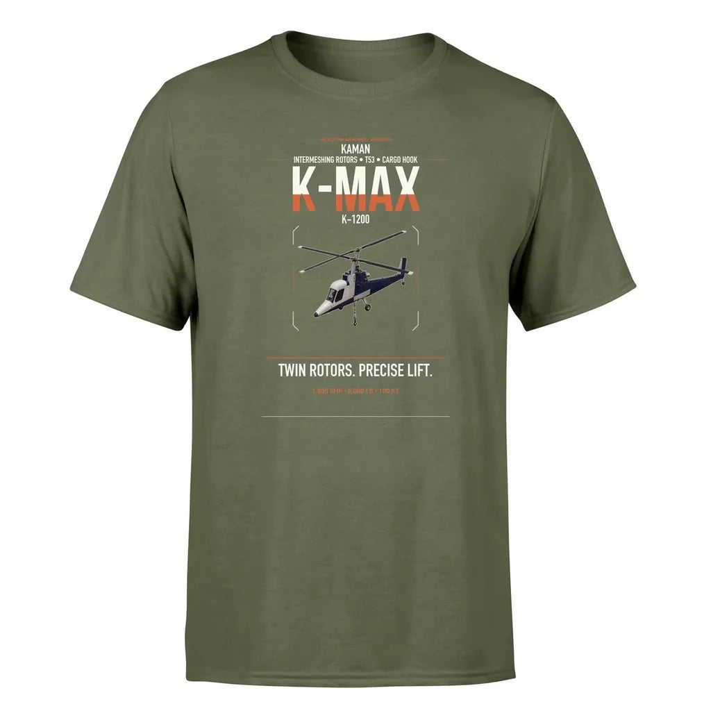 Kaman K-1200 K-MAX design on green army t-shirt, single-side print