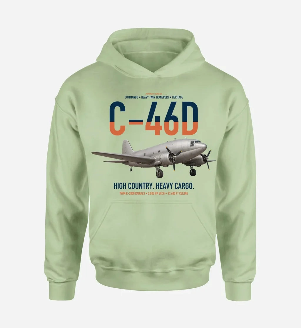 C-46D Commando design on light green double-side hoodie, single-side print