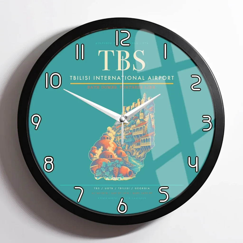 Tbilisi International Airport (TBS) design on turquoise framed wall clock