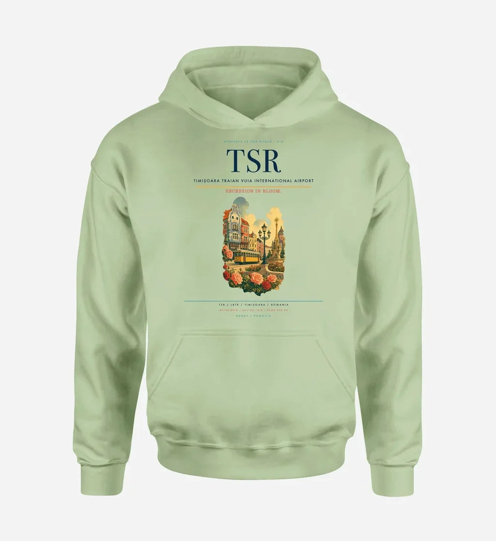 Timișoara Traian Vuia International Airport (TSR) design on light green hoodie single-side print