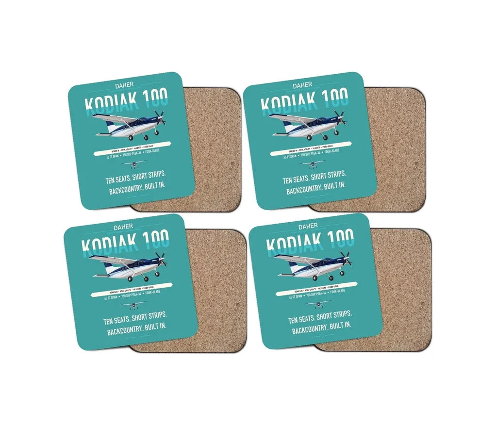 Daher Kodiak 100 Series III design on turquoise 4 pieces set coaster