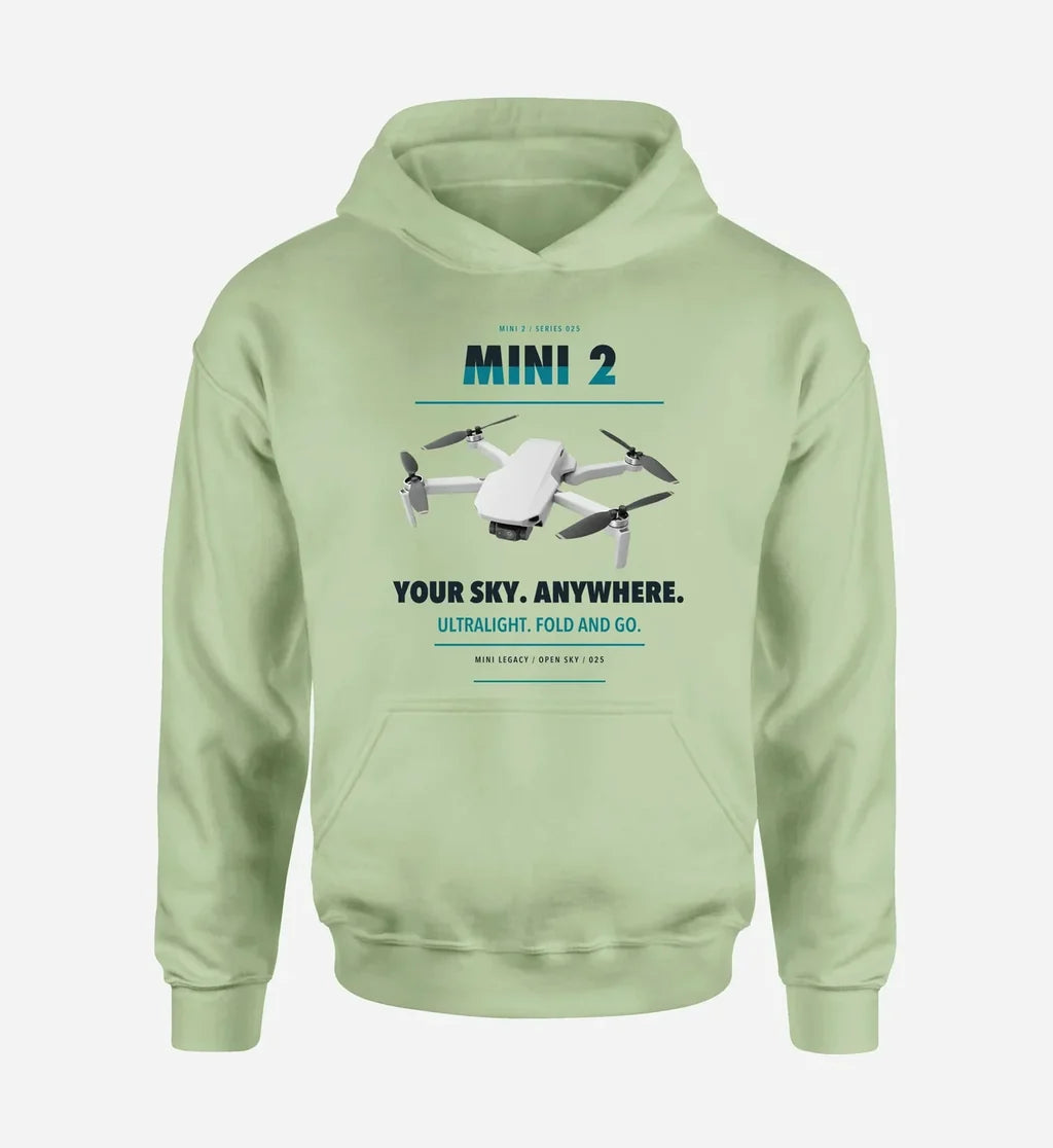 DJI Mini 2 design on light green hoodie single side