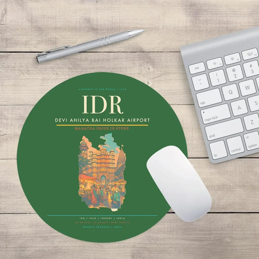 Devi Ahilya Bai Holkar Airport (IDR) design on green round mouse pad