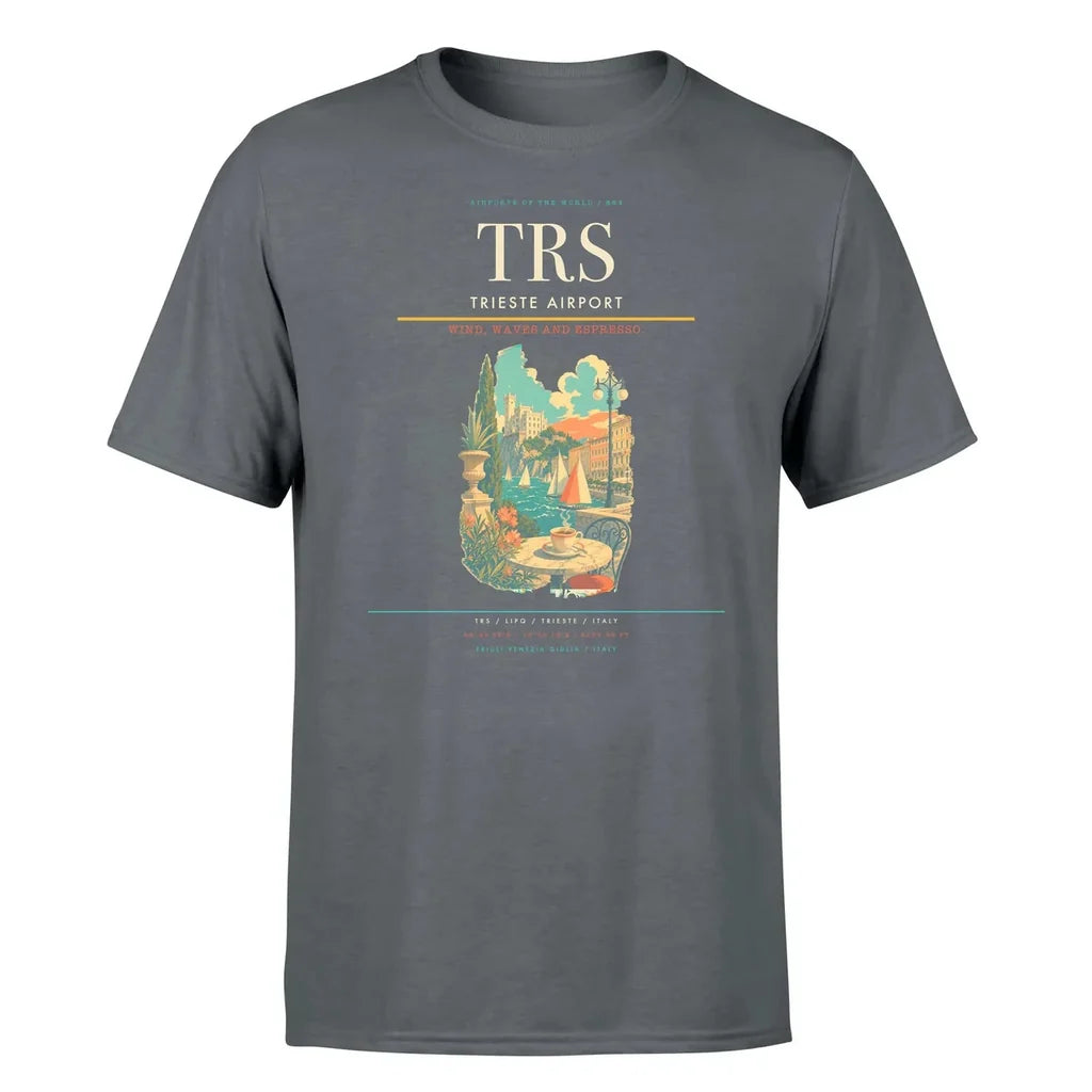 Trieste Airport (TRS) T-Shirt single-side front print in Gray | trieste-airport-trs-double-side-t-shirt