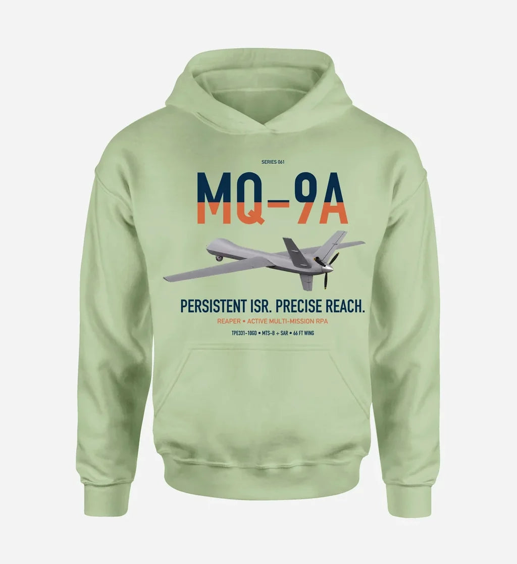 MQ-9A Reaper design on light green double-side hoodie, single-side print