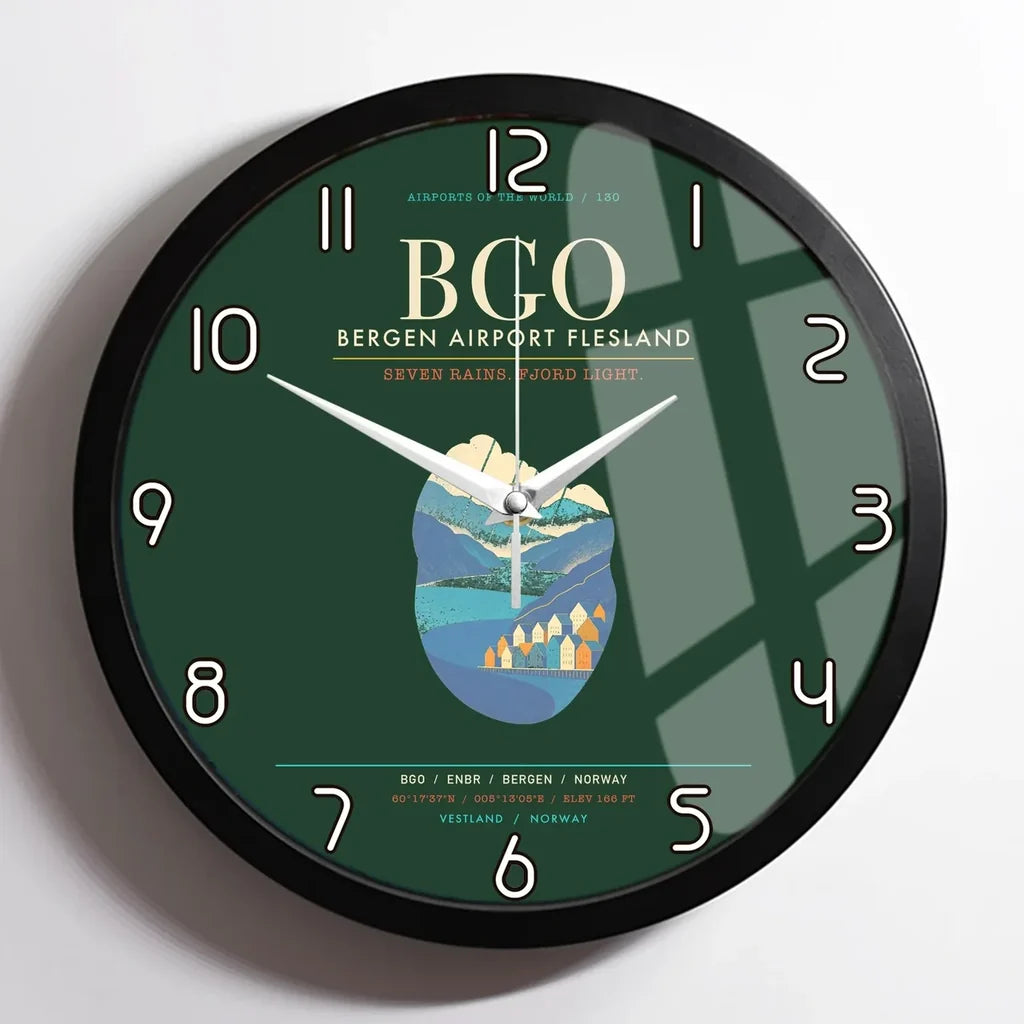 Bergen Airport Flesland BGO - Seven-Rain Fjord Tapestry Wall-Clock Framed - Dark Green