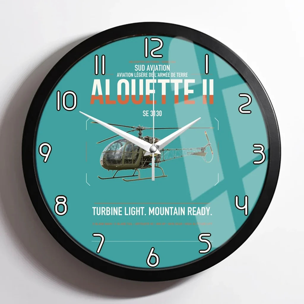 Sud Aviation SE 3130 Alouette II design on turquoise framed wall clock