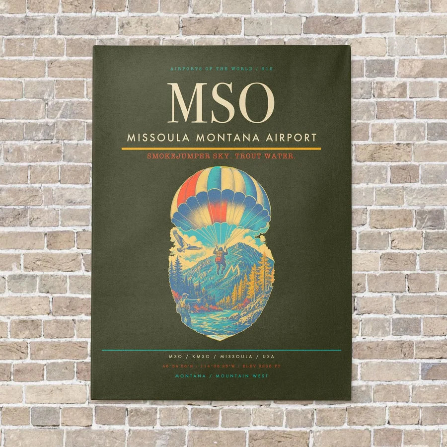 Missoula Montana Airport MSO vertical canvas print - no frame - green army background