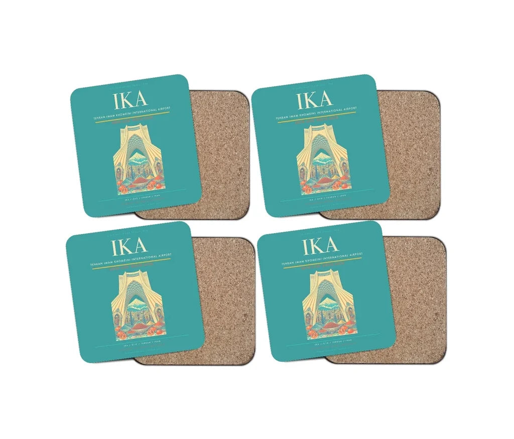 Tehran Imam Khomeini International Airport (IKA) design on turquoise 4 pieces set coaster
