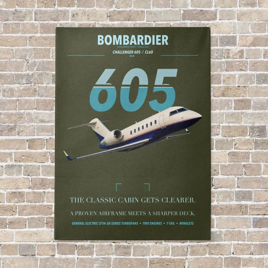 Bombardier Challenger 605 vertical canvas print - no frame - green army background
