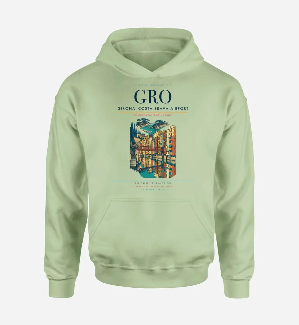 Girona–Costa Brava Airport (GRO) design on light green hoodie single-side print