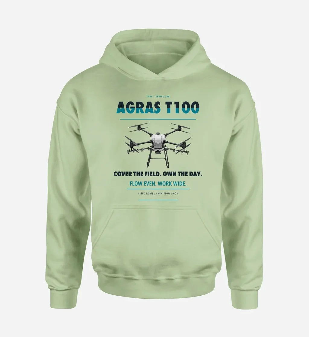 DJI Agras T100 design on light green hoodie single side
