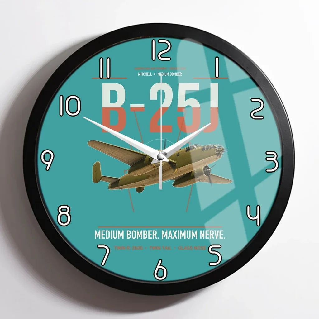 B-25J Mitchell design on turquoise framed wall clock