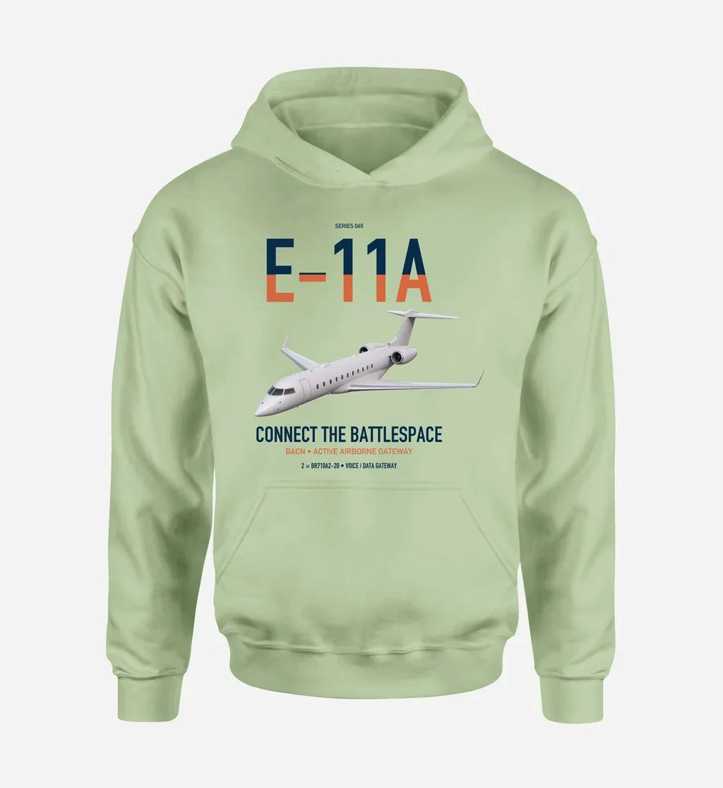 E-11A BACN design on light green double-side hoodie, single-side print