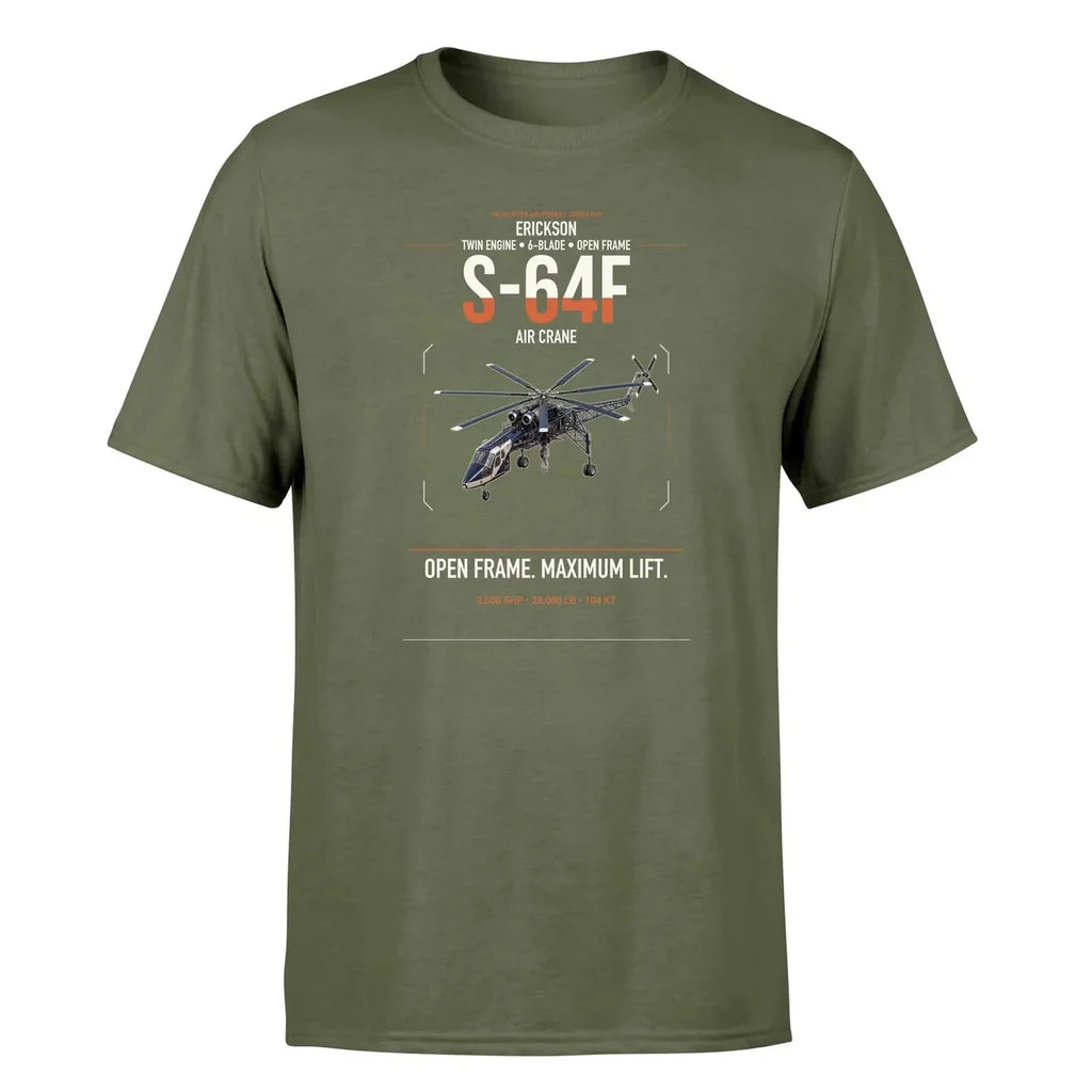 Erickson S-64F Air Crane design on green army t-shirt, single-side print
