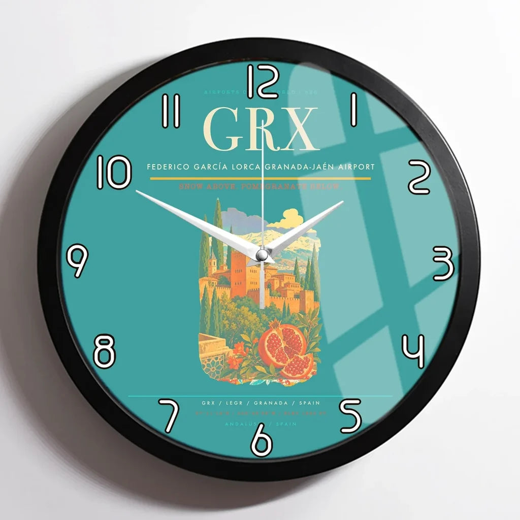 Federico García Lorca Granada-Jaén Airport (GRX) design on turquoise framed wall clock