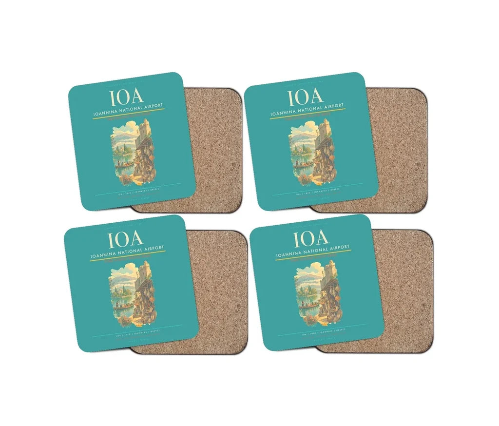 Ioannina National Airport (IOA) design on turquoise 4 pieces set coaster