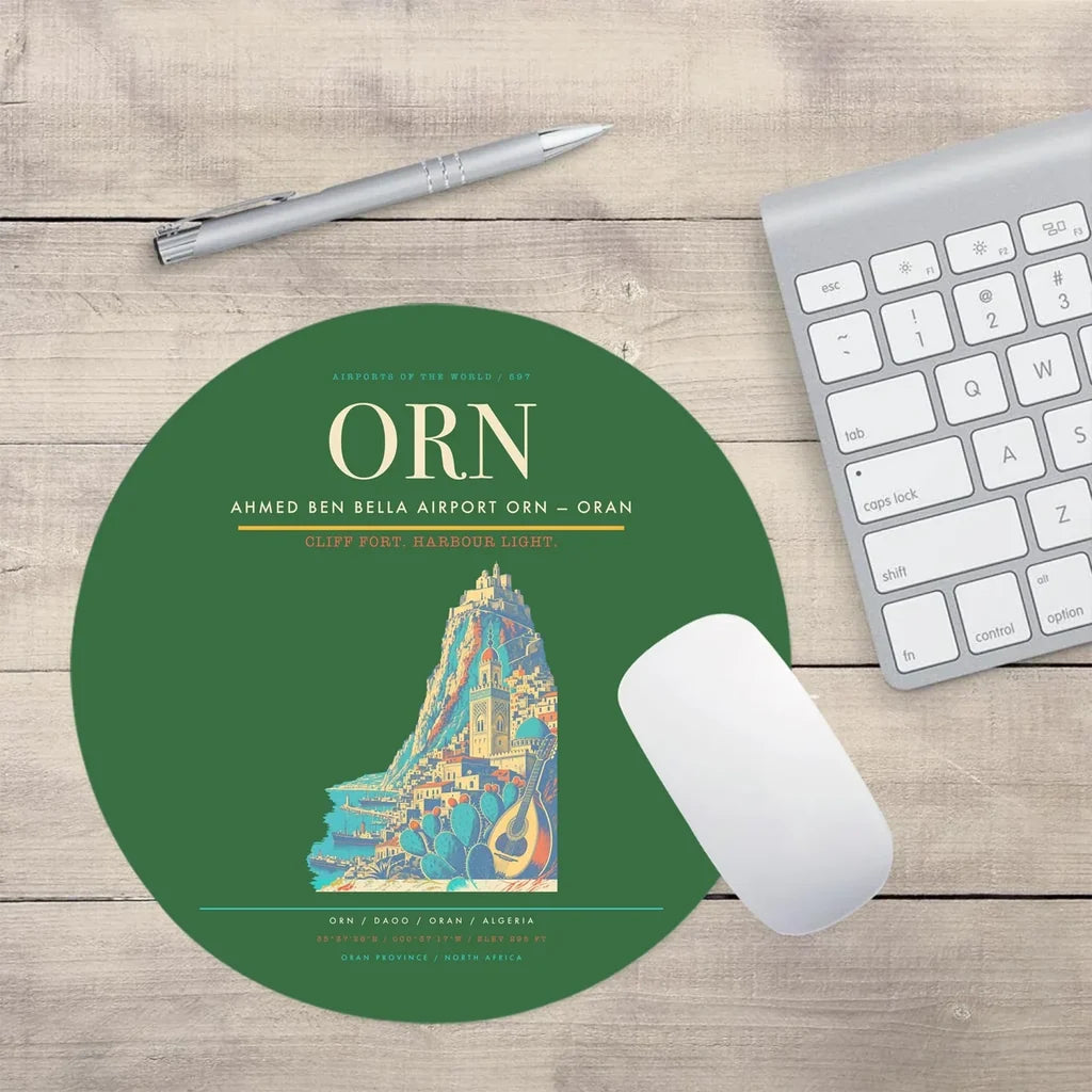 Ahmed Ben Bella Airport (ORN) design on green round mouse pad