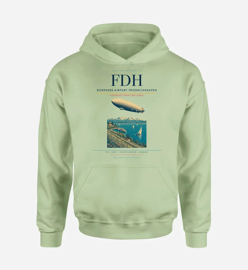 Bodensee-Airport Friedrichshafen (FDH) design on light green hoodie single-side print
