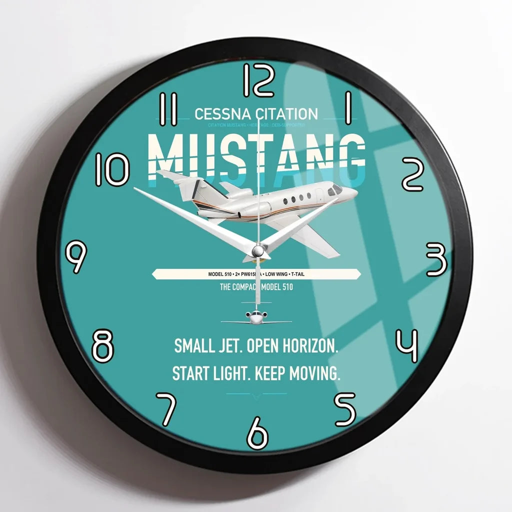 Cessna Citation Mustang design on turquoise framed wall clock