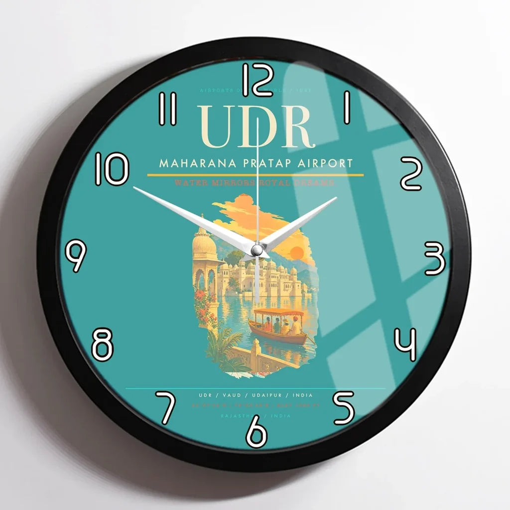 Maharana Pratap Airport (UDR) design on turquoise framed wall clock