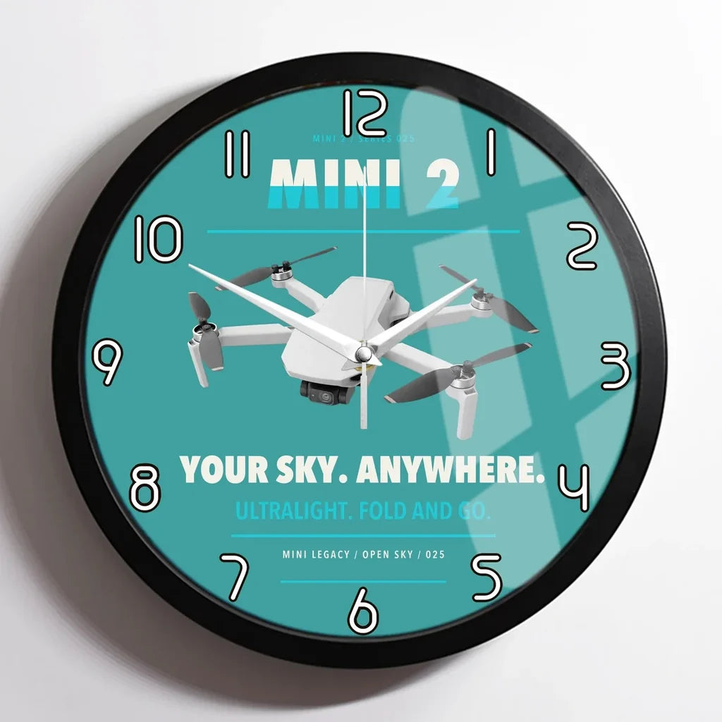 DJI Mini 2 design on turquoise framed wall clock