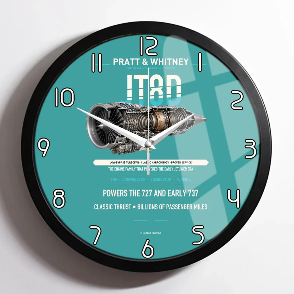 JT8D design on turquoise framed wall clock