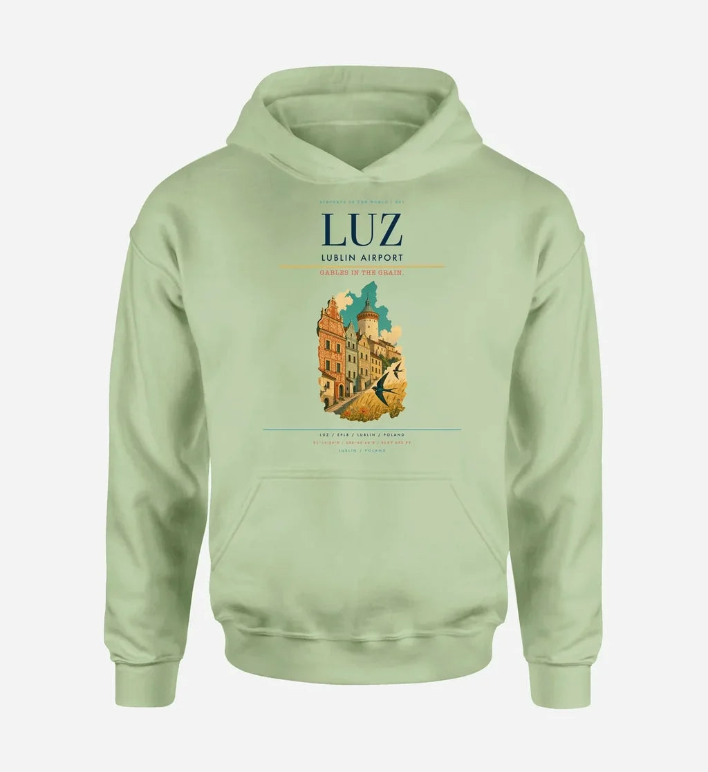Lublin Airport (LUZ) design on light green hoodie single-side print