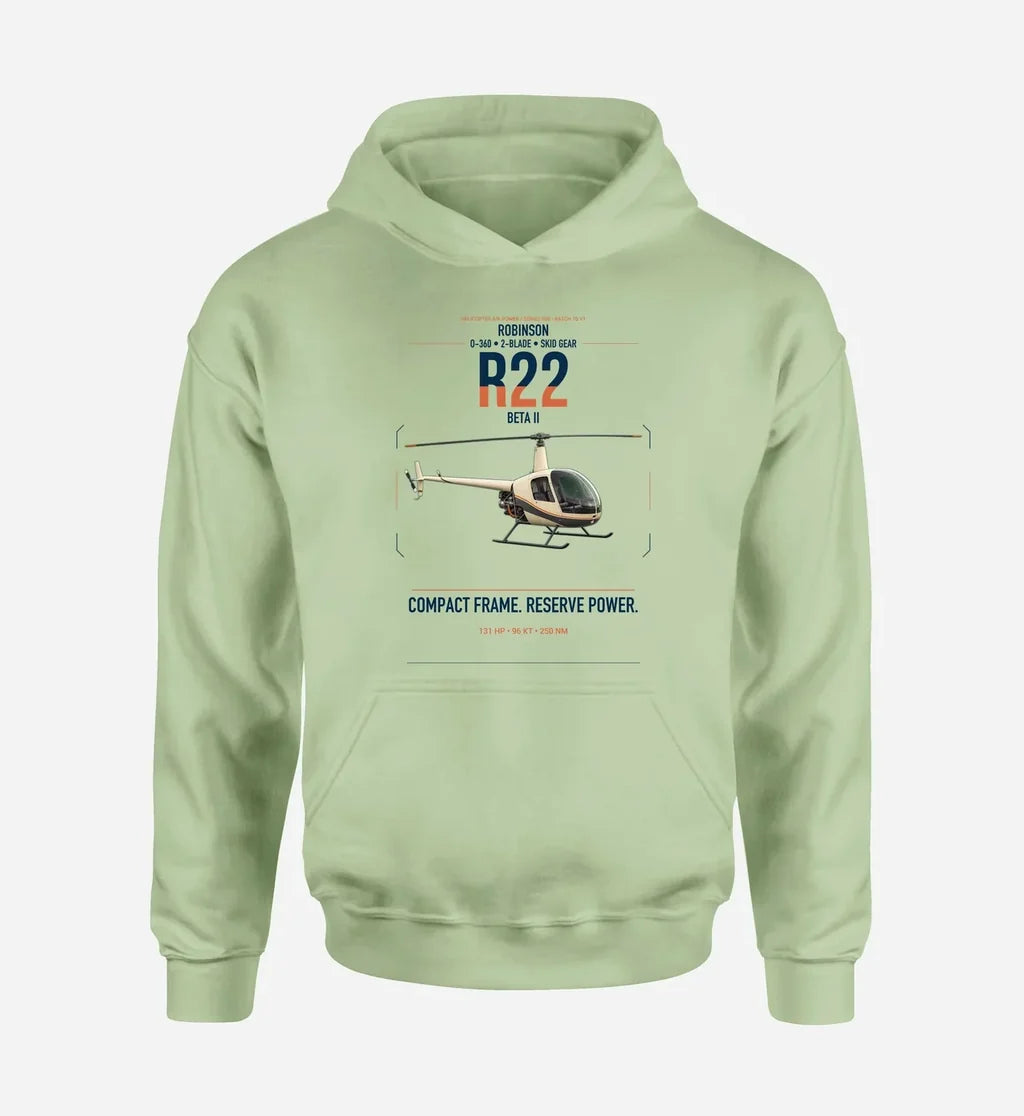 Robinson R22 Beta II design on light green double-side hoodie, single-side print