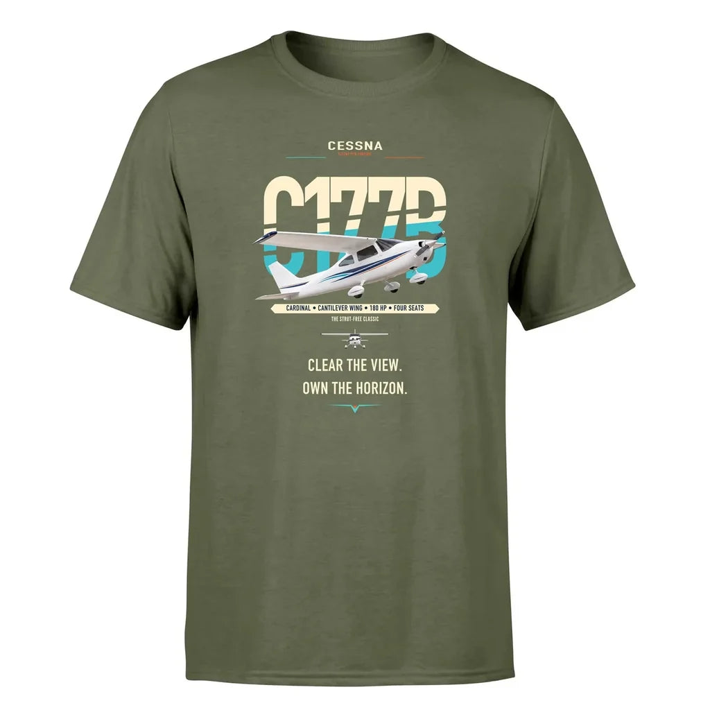 Cessna 177B Cardinal design on green army t-shirt, single-side print
