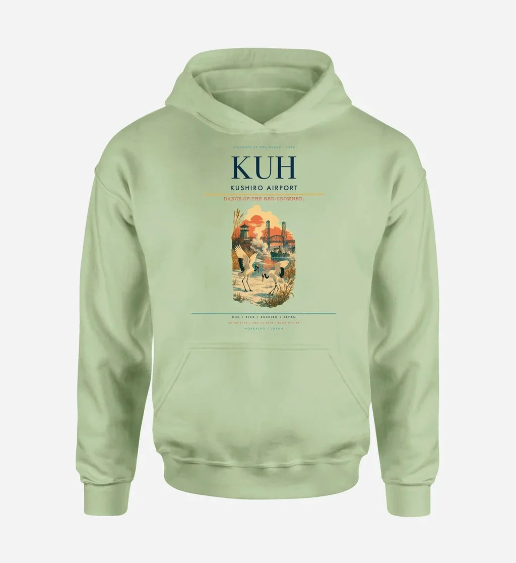 Kushiro Airport (KUH) design on light green hoodie single-side print