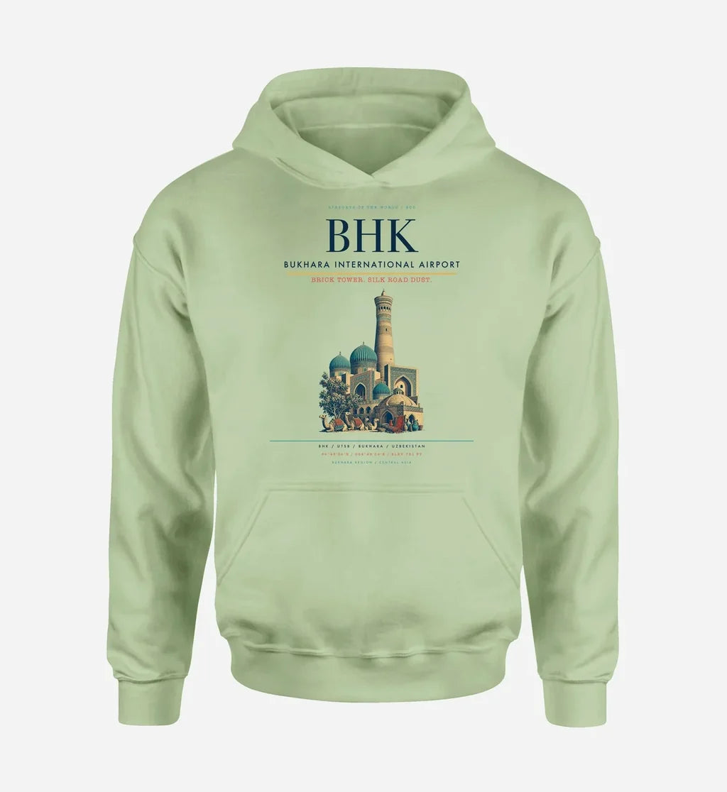 Bukhara International Airport (BHK) design on light green hoodie single-side print