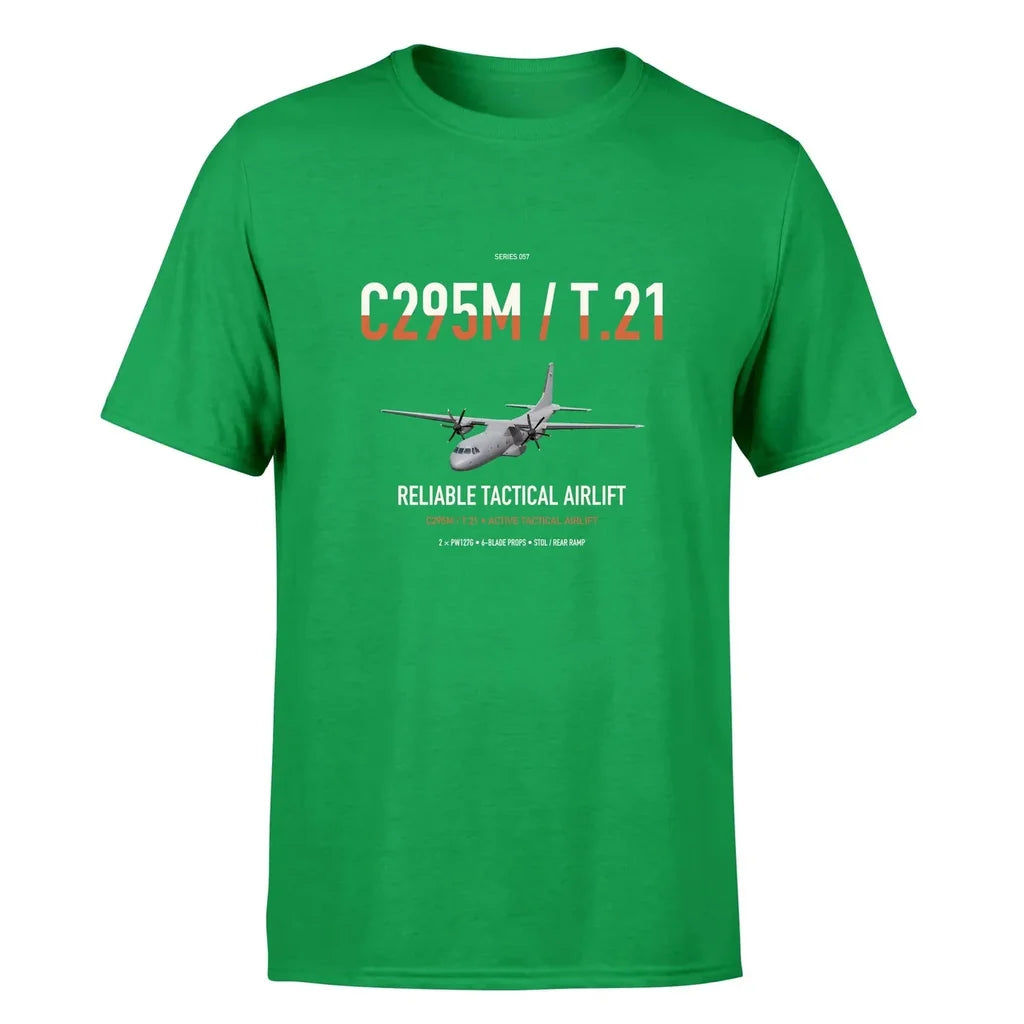 Airbus C295M T.21 design on green double-side t-shirt, single-side print