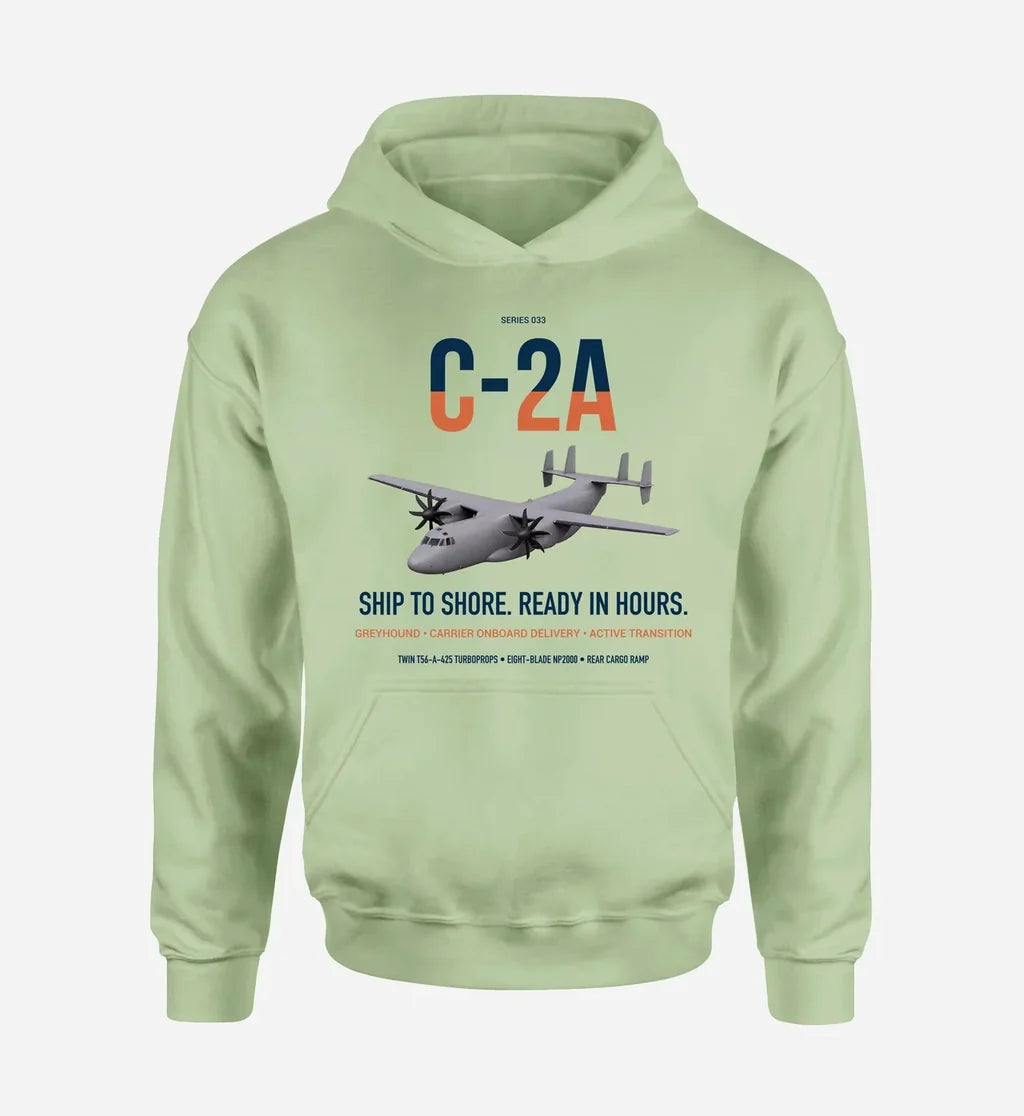 C-2A Greyhound design on light green double-side hoodie, single-side print