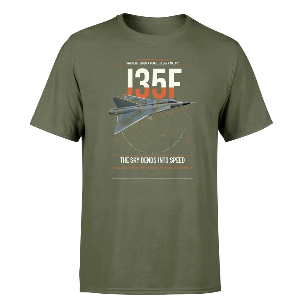 Saab J 35F Draken design on green army t-shirt, single-side print