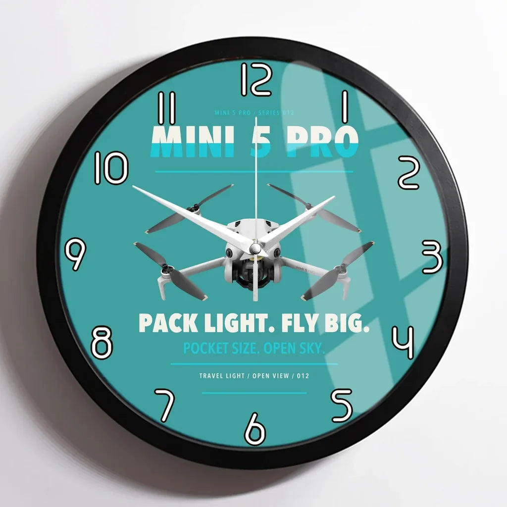 DJI Mini 5 Pro design on turquoise framed wall clock