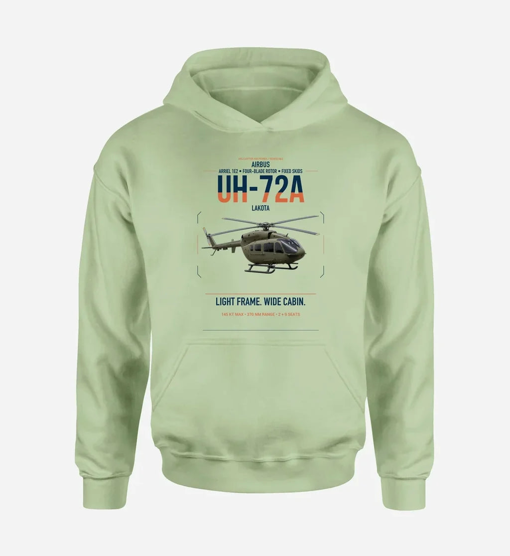 Airbus UH-72A Lakota design on light green double-side hoodie, single-side print